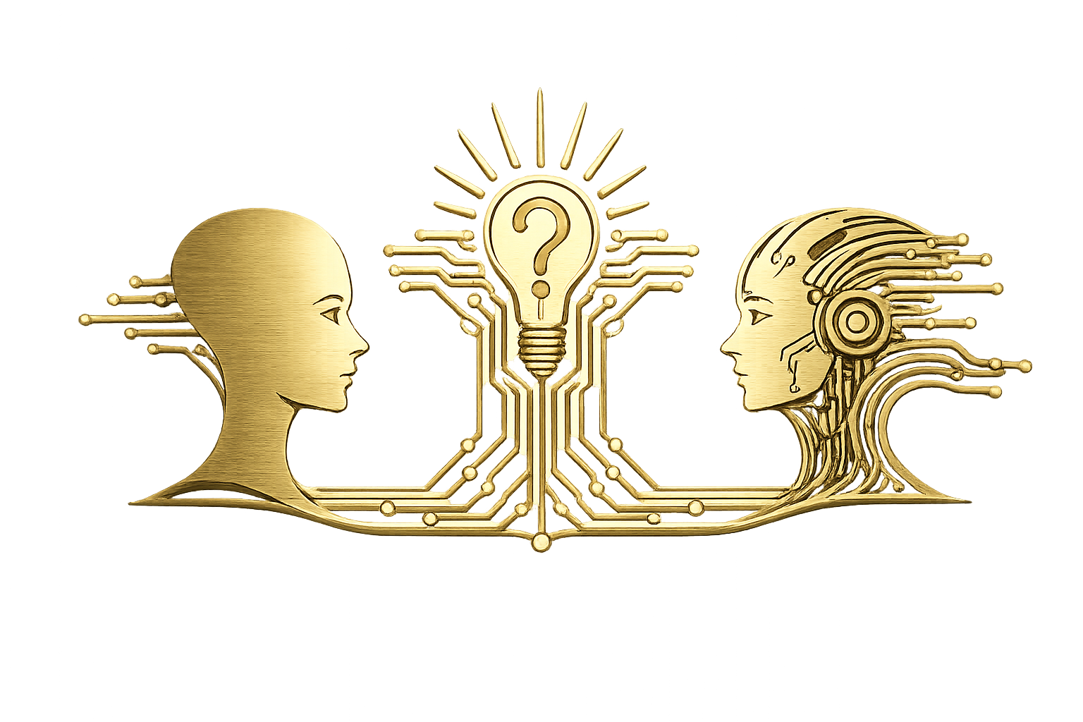 A bronze human and artificial intelligence profile facing one another across an illuminated question-mark lightbulb.